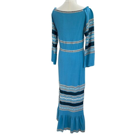 Greek Bohemian Cottagecore Blue Maxi Dress Ethnic Embroidered Prairie Festival - Picture 13 of 14